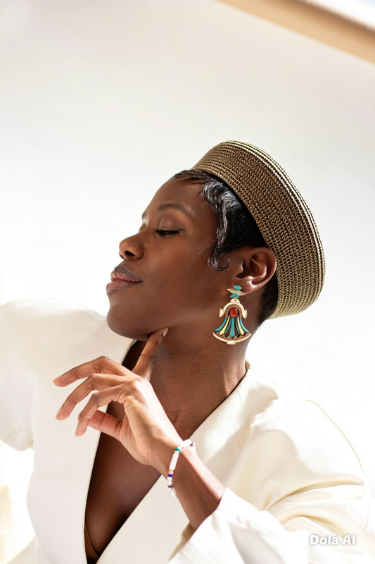 Woman wearing cleopatra earrings, made from walnut, carnelian cabochon and acrylic with a straw hat and white outfit with a blurred background