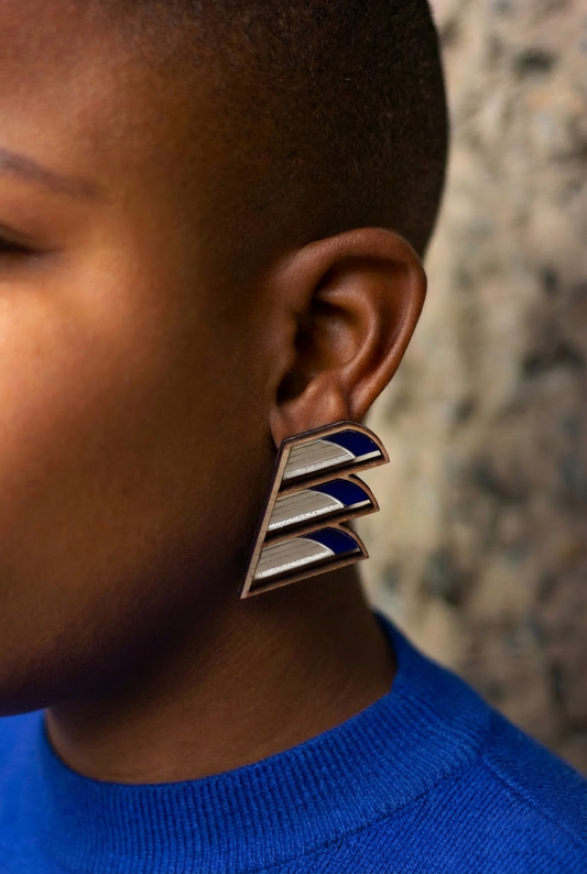 Serrated Balcony Earring - Silver Navy
