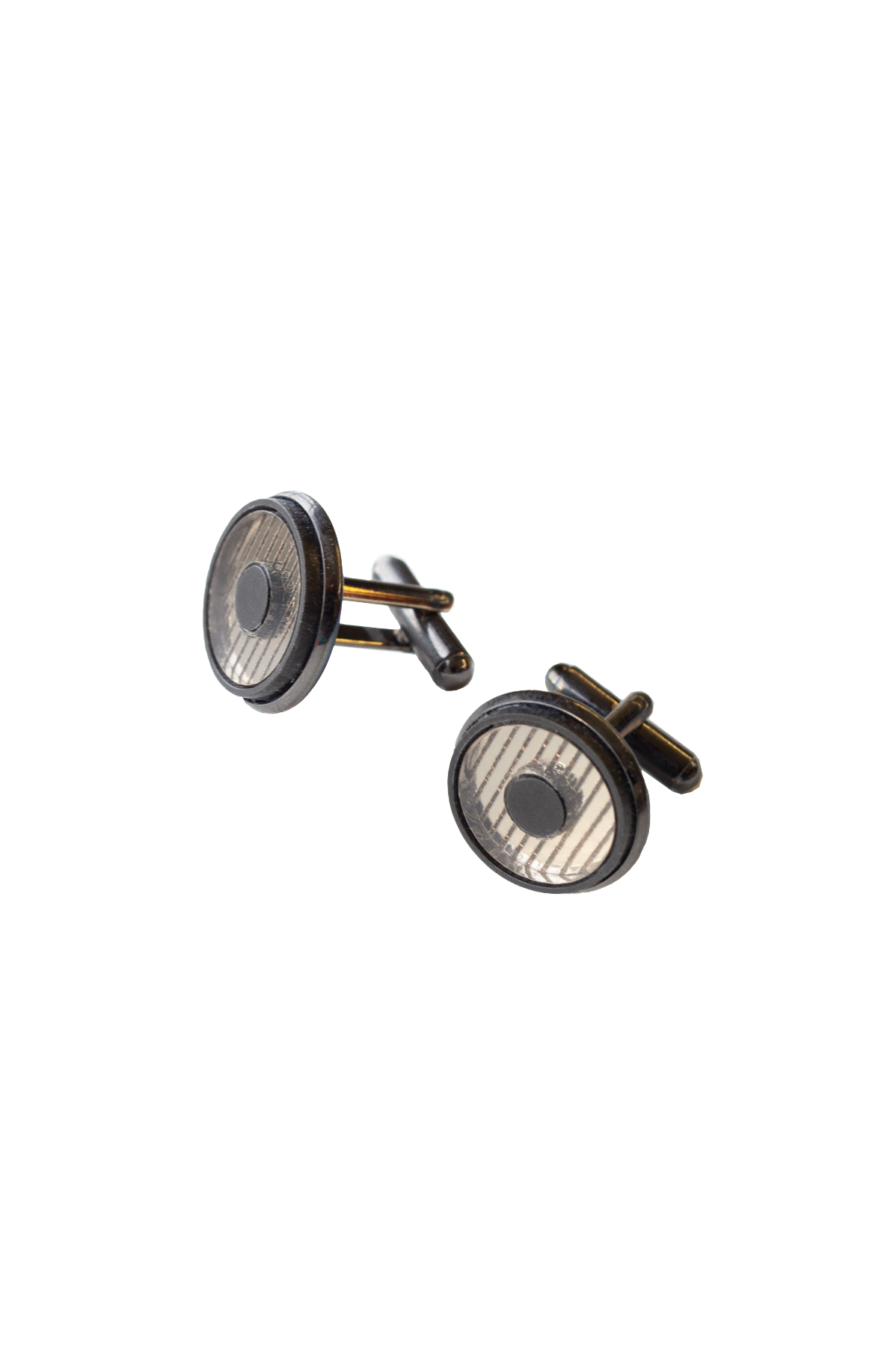 Bronze circular cufflinks with black border and inlay on a white background. Laser cut inlay made from acrylic