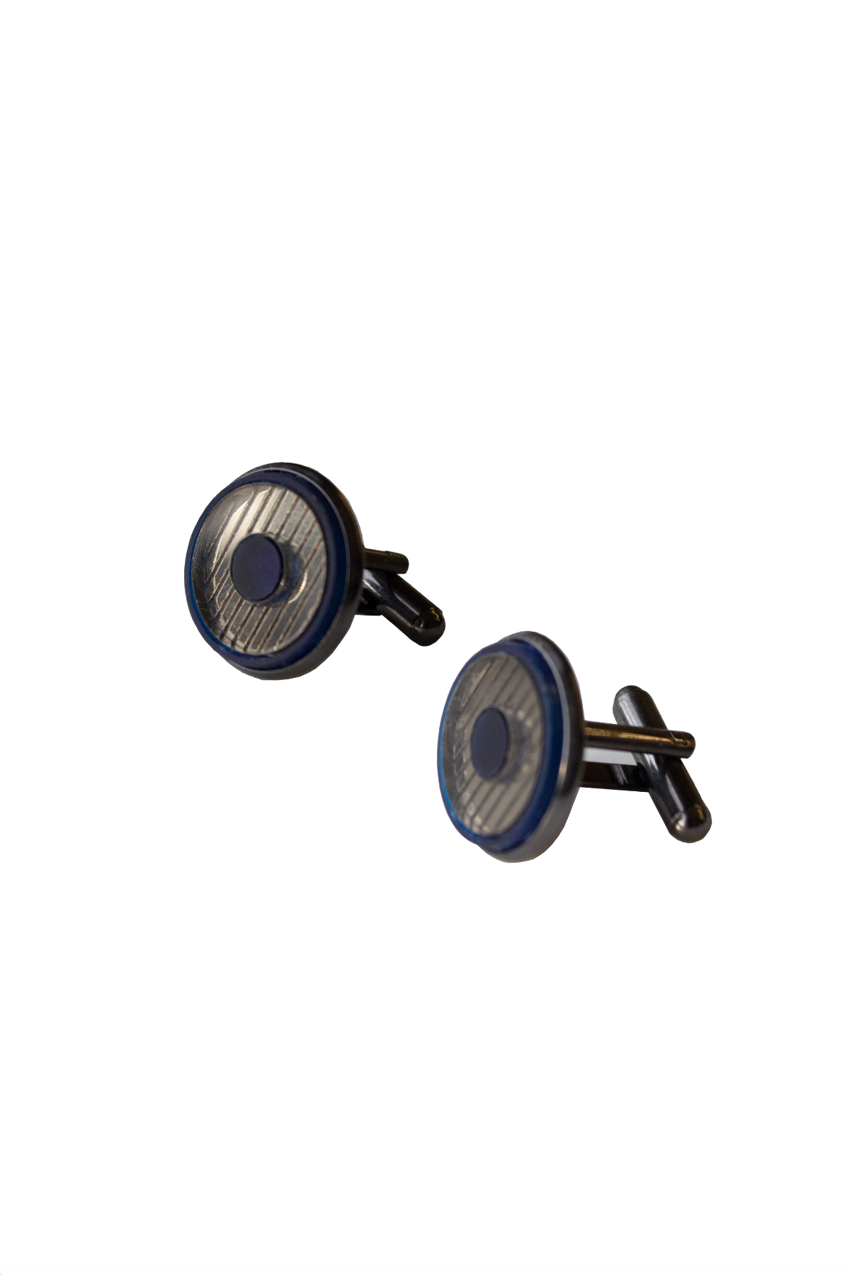 Bronze circular cufflinks with navy border and inlay on a white background. Laser cut inlay made from acrylic