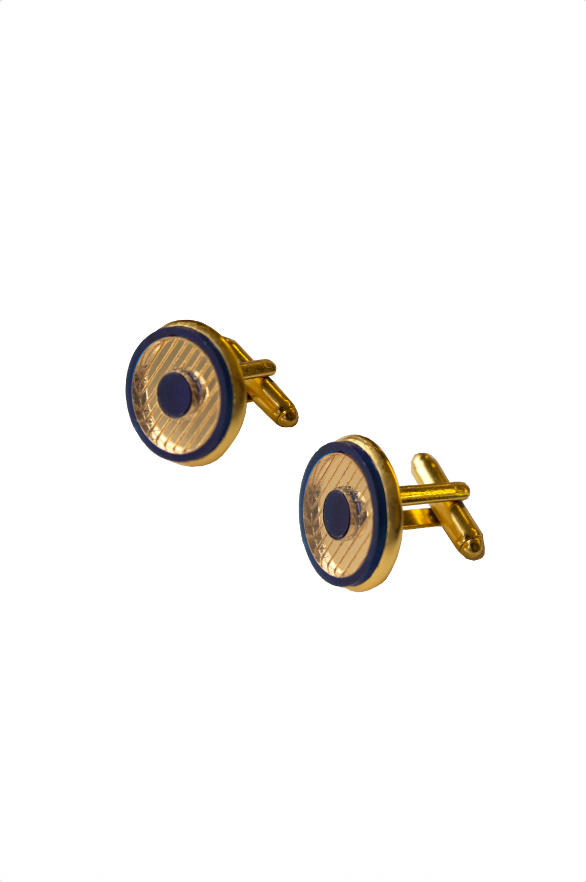 Gold circular cufflinks with navy border and inlay on a white background. Laser cut inlay made from acrylic