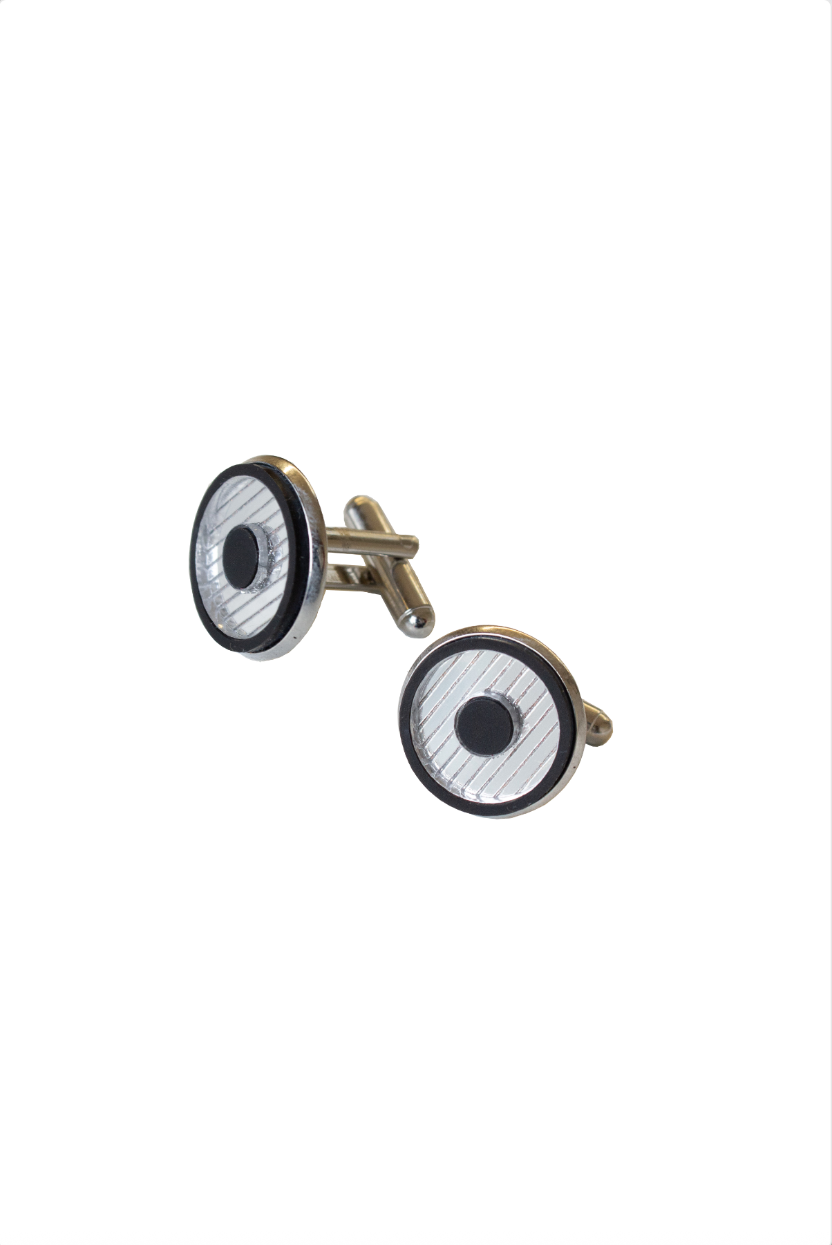 Silver round cufflinks with black border and inlay on a white background. Laser cut inlay made from acrylic
