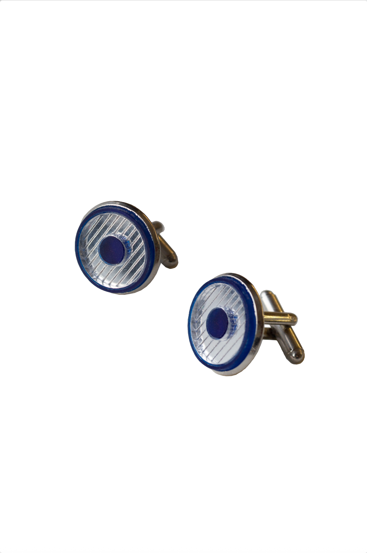 Silver circular cufflinks with navy border and inlay on a white background. Laser cut inlay made from acrylic