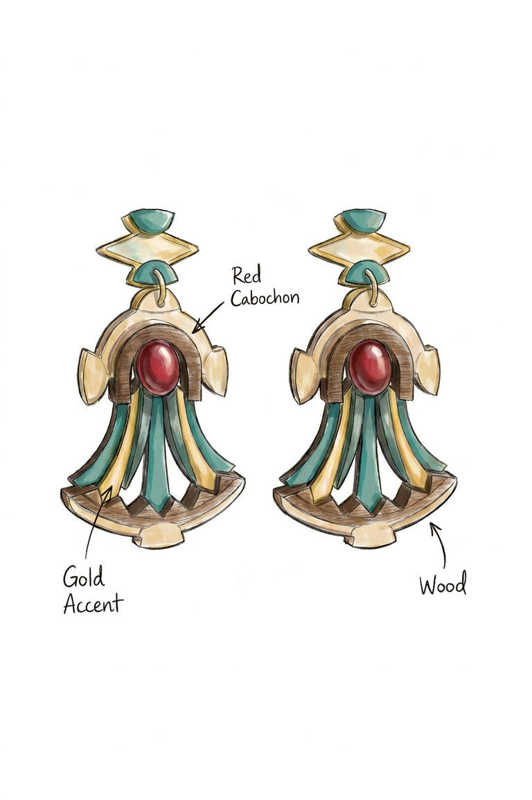 Illustration of a pair of earrings with gold accents, red cabochons, and wood elements on a white background.