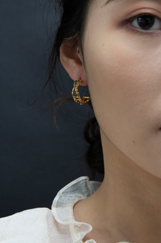 Mayan Hoops - Gold Emerald