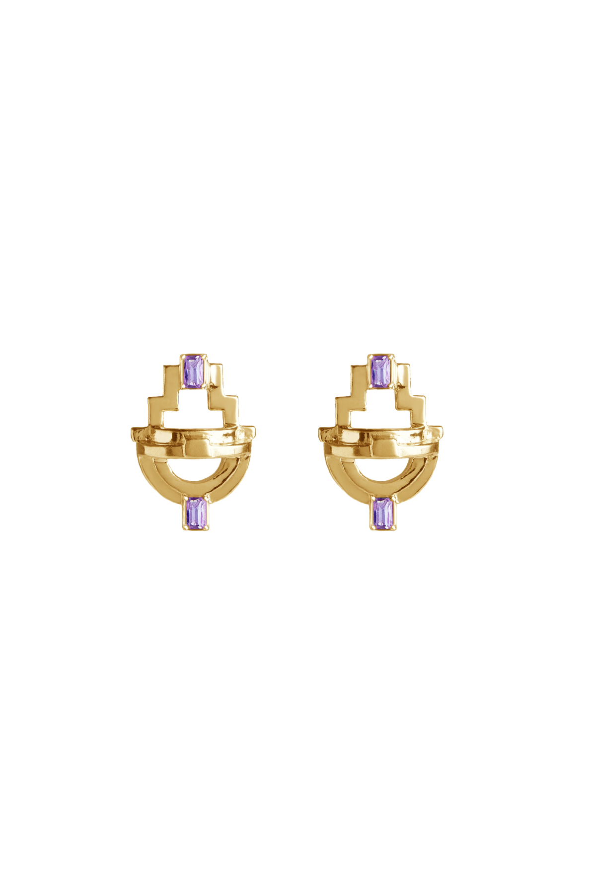 Gold earrings with purple amethyst gemstones on a white background