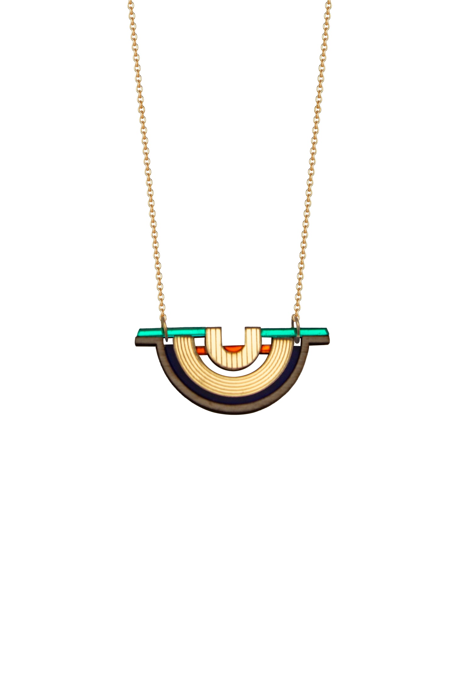 laser cut necklace with a circular pendant on a white background. Made from acrylic, plywood and walnut wood.